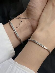 Custom Silver Couple Bracelets | Personalized Name Date Laser Engraved ID Bracelet